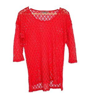 Valerie Stevens Open Crochet Top sz S Scoop Neck 3/4 Sleeve Boho Hippie Festival